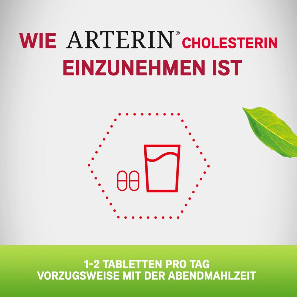 Wie Arterin Cholesterin einzunehmen ist. Zwei Tabletten und ein Glas Wasser. Text: 1-2 Tabletten pro Tag.
