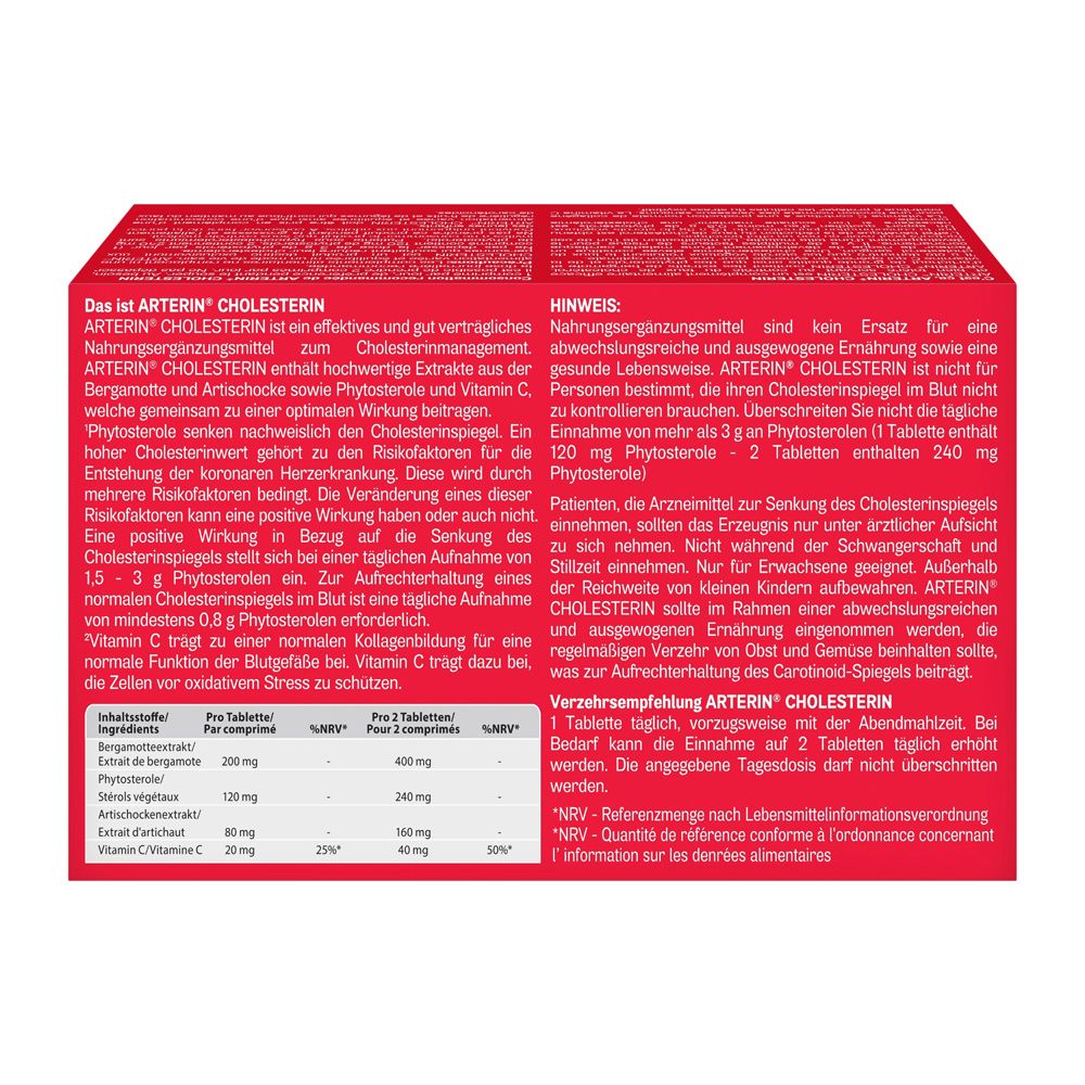 Rückseite der Arterin Cholesterin Packung. Text und Nährwertangaben. Inhaltsstoffe und Verzehrempfehlung.