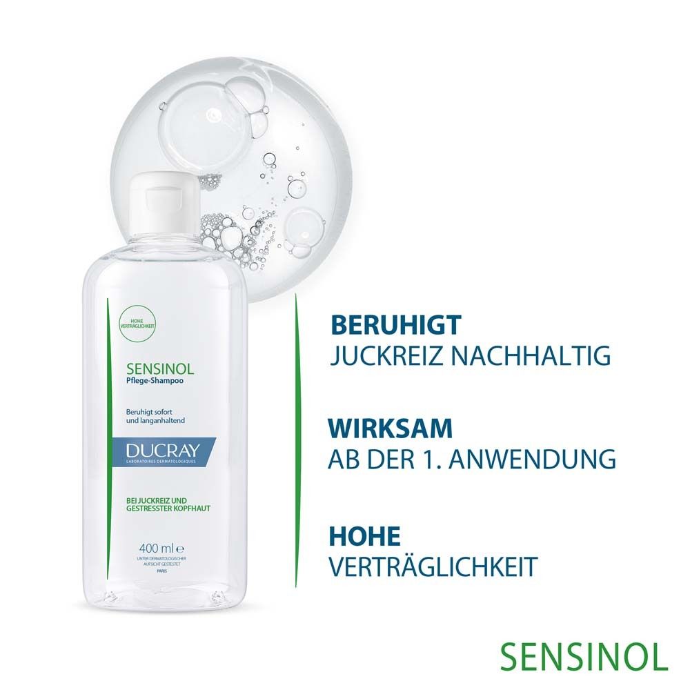Produktflasche mit Text. Textblasen mit 'Beruhigt', 'Wirksam', 'Hohe Verträglichkeit'.