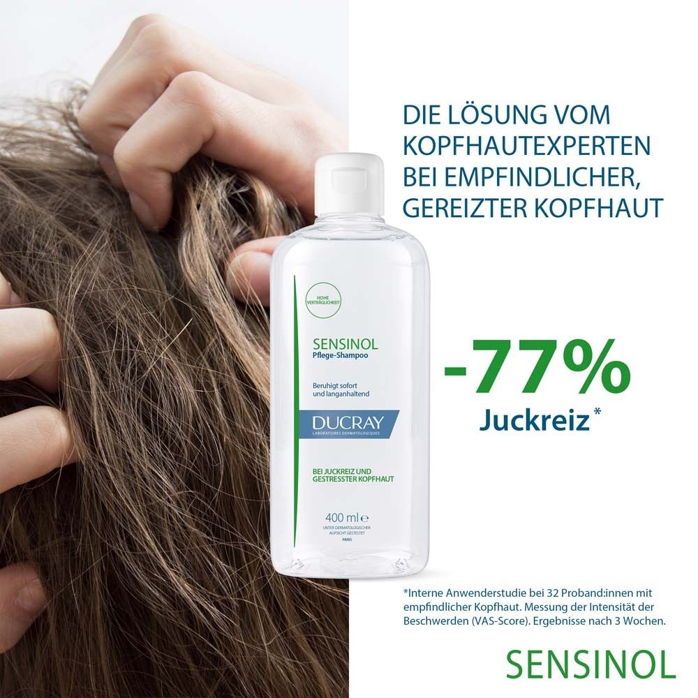 Produktflasche neben Kopfhaut. Text: 'Die Lösung vom Kopfhautexperten'. -77% Juckreiz.