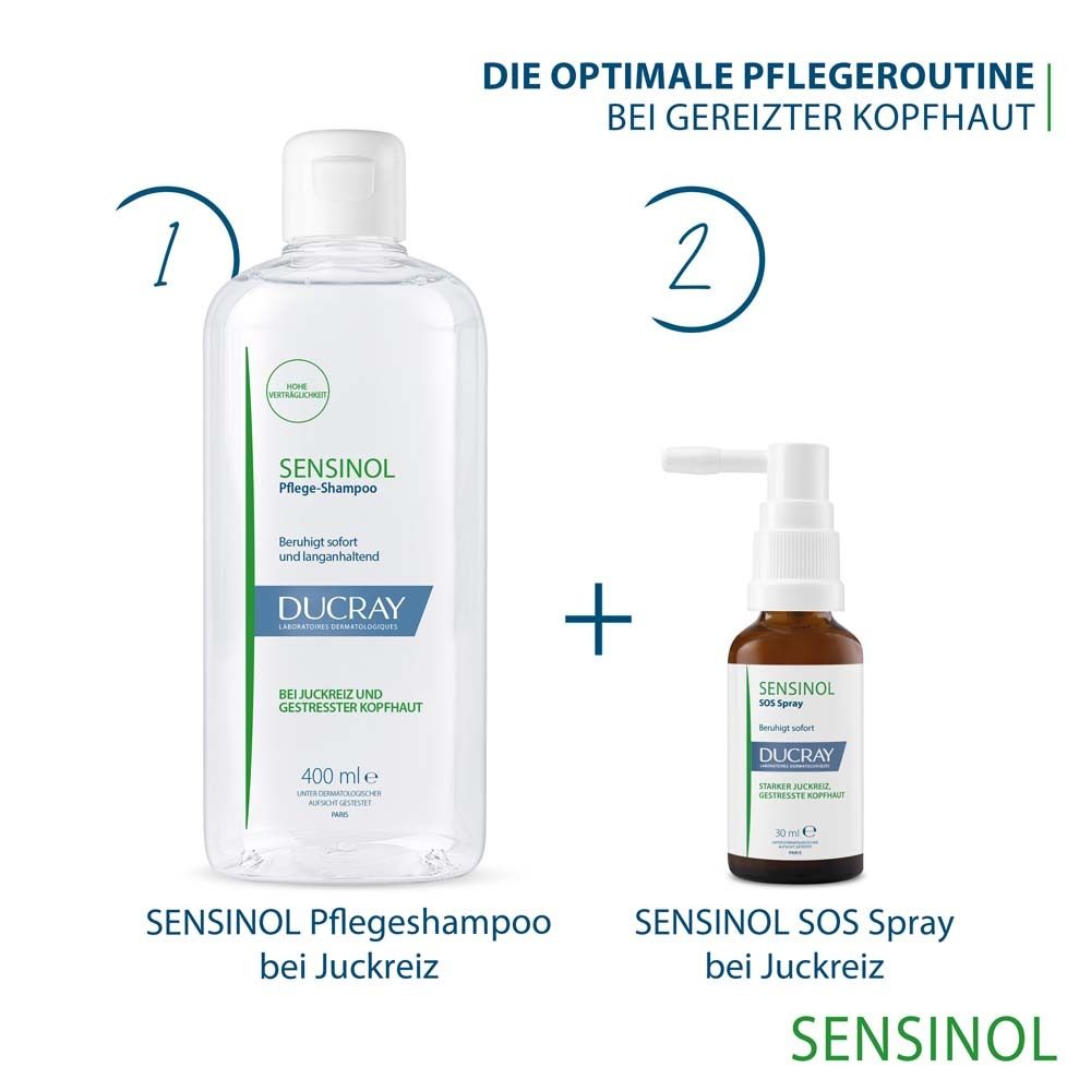 Produktflasche und Spray. Text: 'SENSINOL Pflegeshampoo' und 'SENSINOL SOS Spray'.