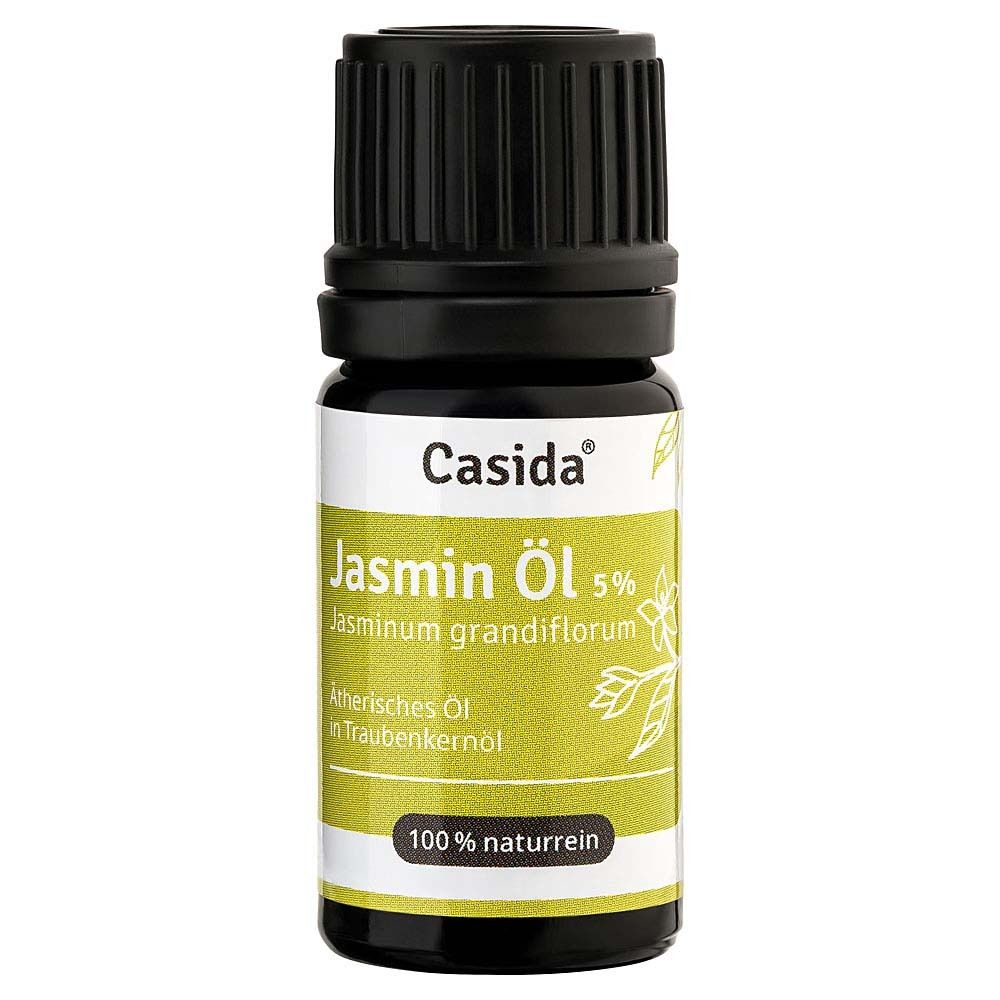 Flacon Casida Jasmin Öl 5%. Bouchon noir, étiquette blanche avec informations produit.
