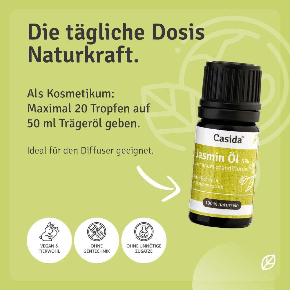 Flacon Casida Jasmin Öl 5% à côté du texte. Végétalien, sans OGM, sans additifs.