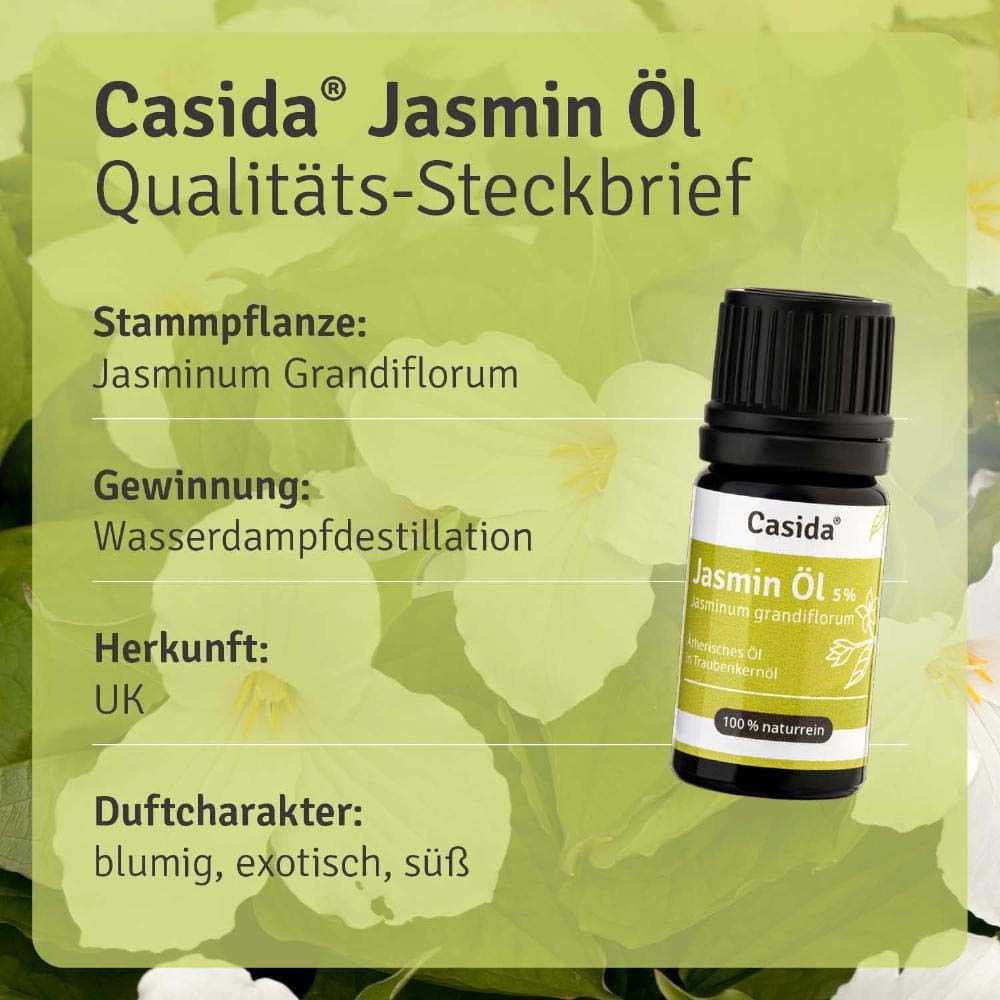 Flacon Casida Jasmin Öl 5% à côté du texte. Origine Royaume-Uni, caractère floral, exotique, doux.
