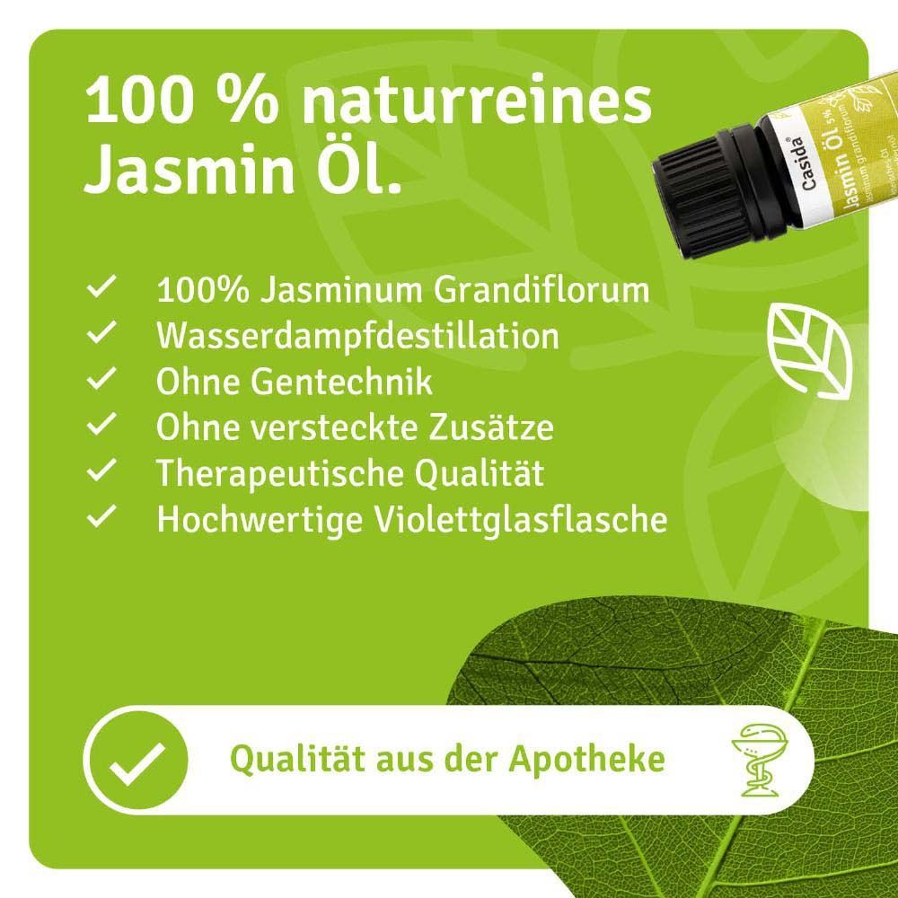 Flacon Casida Jasmin Öl 5% à côté du texte. 100% pur, qualité pharmaceutique.