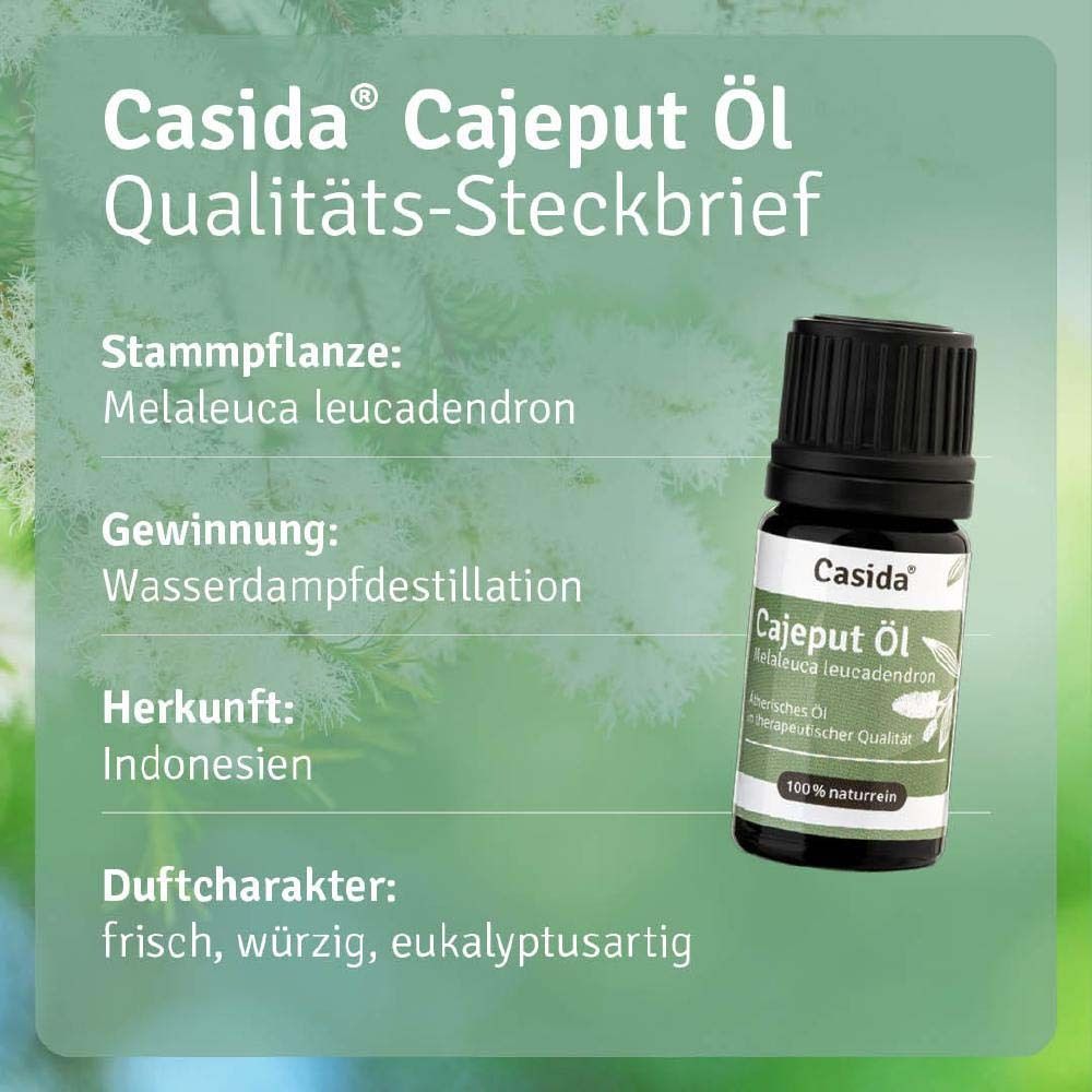 Flacon avec texte. Texte : Casida Cajeput Öl. Origine : Indonésie. Caractère olfactif : frais, épicé, eucalyptus.