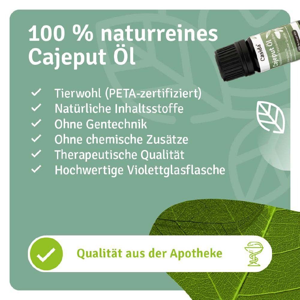 Flacon avec texte. Texte : 100 % huile de Cajeput naturelle. Bien-être animal (certifié PETA). Qualité pharmaceutique.