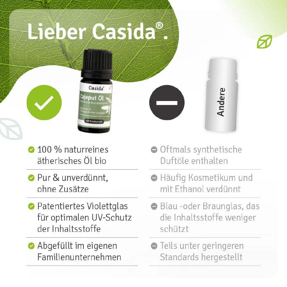 Flacon avec comparaison. Texte : Cher Casida. 100 % huile essentielle naturelle bio. Sans parfums synthétiques.