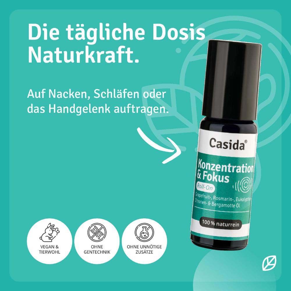 Flacon roll-on avec texte : Casida, Konzentration & Fokus. Texte : Appliquer sur la nuque, les tempes ou le poignet. Vegan.