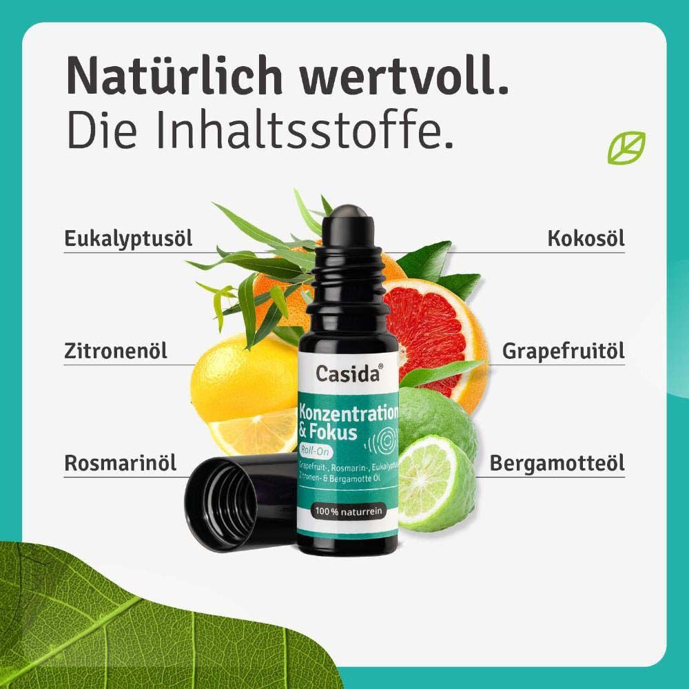 Flacon roll-on avec texte : Casida, Konzentration & Fokus. Fruits et herbes entourent le flacon. Ingrédients.