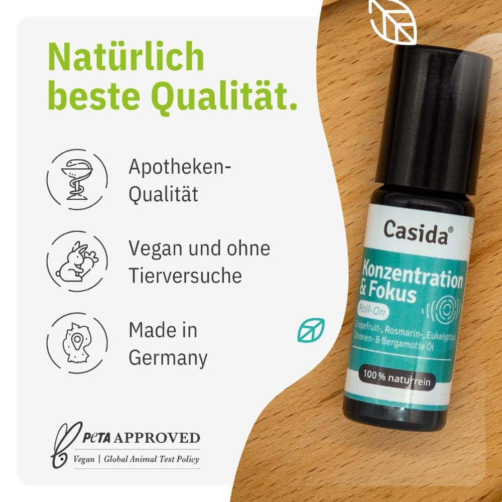 Flacon roll-on avec texte : Casida, Konzentration & Fokus. Qualité pharmacie, Vegan, Fabriqué en Allemagne. Sceau PETA.