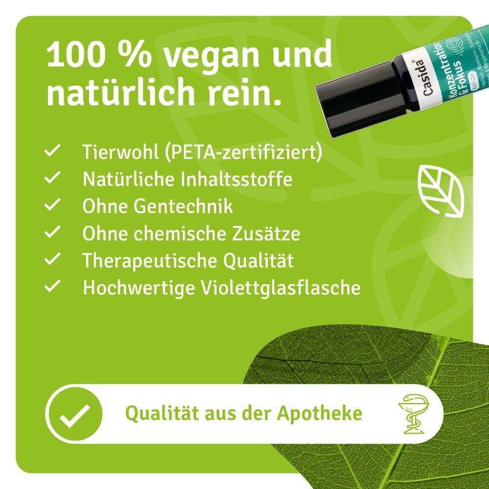Flacon roll-on avec texte : Casida, Konzentration & Fokus. 100% végétalien et naturellement pur. Qualité pharmacie.