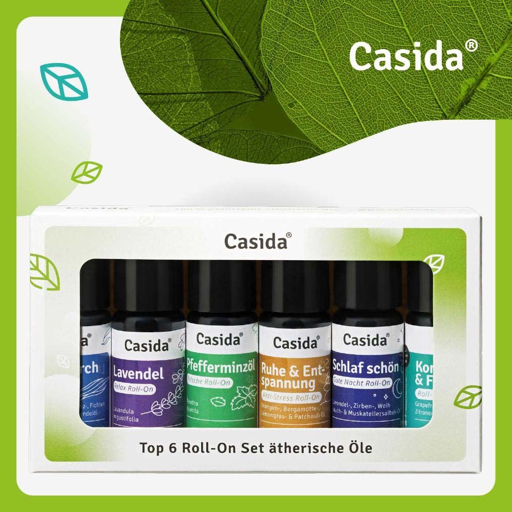 Une boîte blanche contenant six flacons roll-on. Casida® est inscrit sur la boîte. Les flacons sont de couleurs différentes.