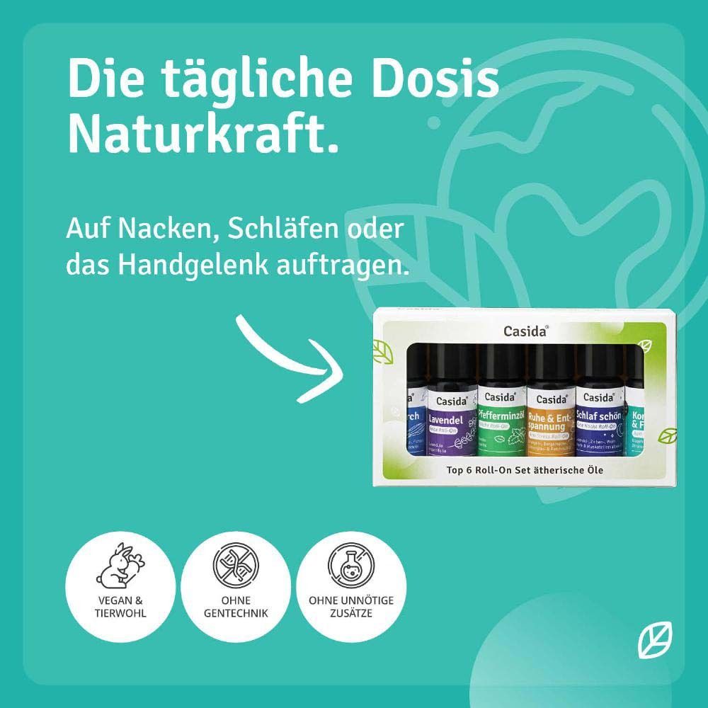 Texte indiquant : La dose quotidienne de pouvoir de la nature. Appliquer sur la nuque, les tempes ou le poignet. Vegan & bien-être animal, sans génie génétique, sans additifs.