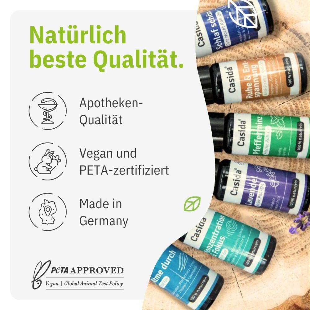 Texte : Naturellement la meilleure qualité. Qualité pharmacie, Vegan et certifié PETA, Fabriqué en Allemagne. Six flacons roll-on sont partiellement visibles.