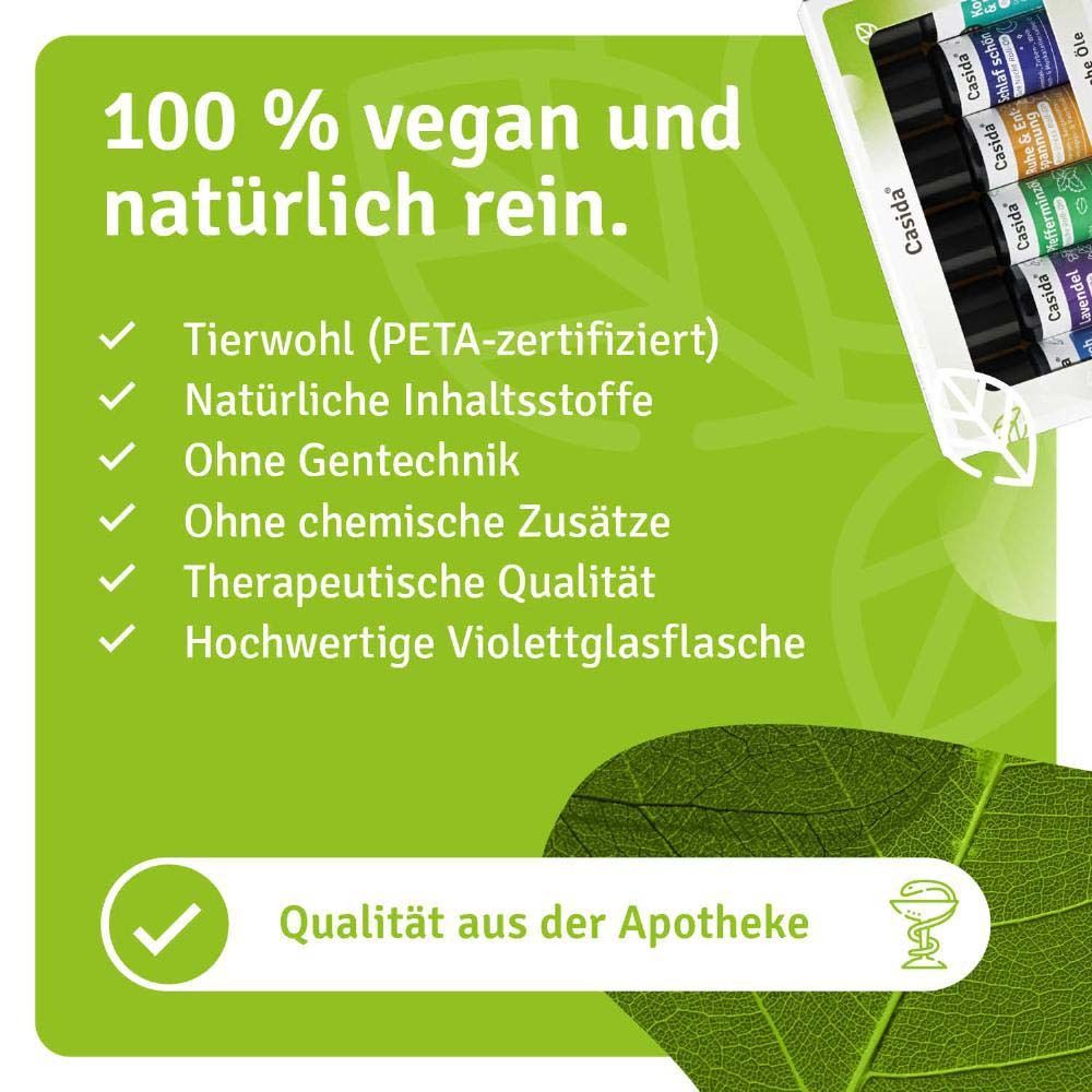Texte : 100 % végétalien et naturellement pur. Bien-être animal (certifié PETA), Ingrédients naturels, Sans génie génétique, Sans additifs chimiques, Qualité thérapeutique.