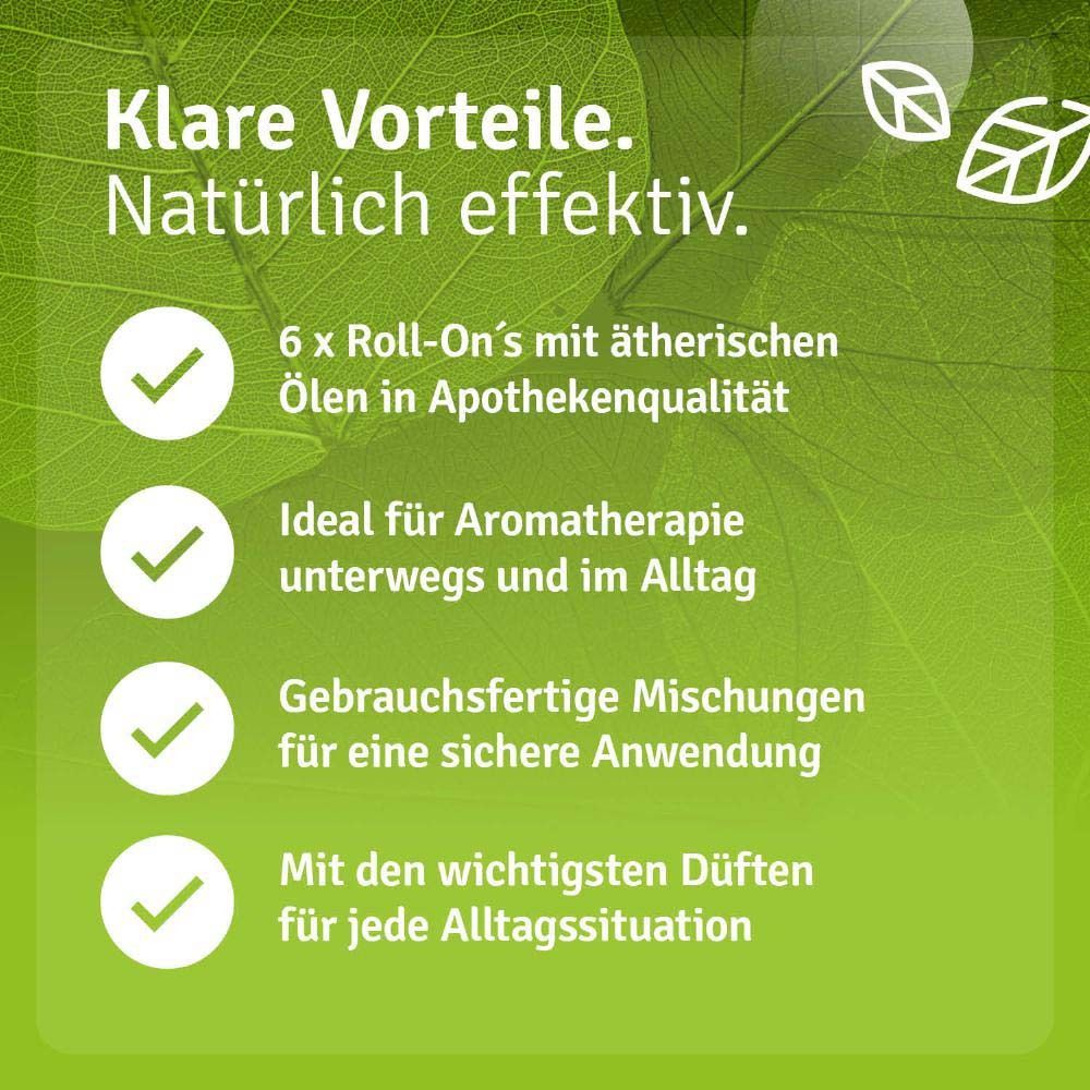Texte : Avantages clairs. Naturellement efficace. 6 x Roll-On's avec des huiles essentielles de qualité pharmaceutique. Idéal pour l'aromathérapie en déplacement et au quotidien.