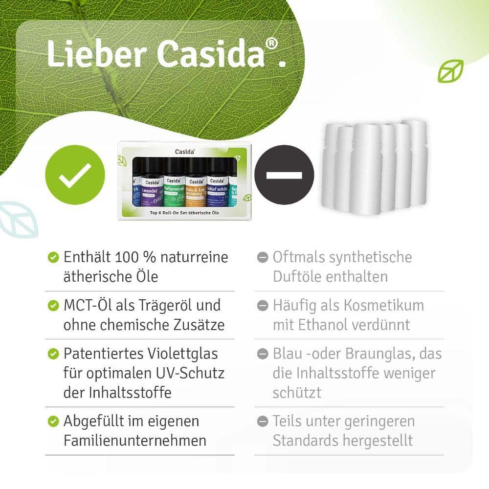 Texte : Cher Casida®. Contient 100 % d'huiles essentielles naturelles. Huile MCT comme huile de support et sans additifs chimiques. Verre violet breveté pour une protection UV optimale.