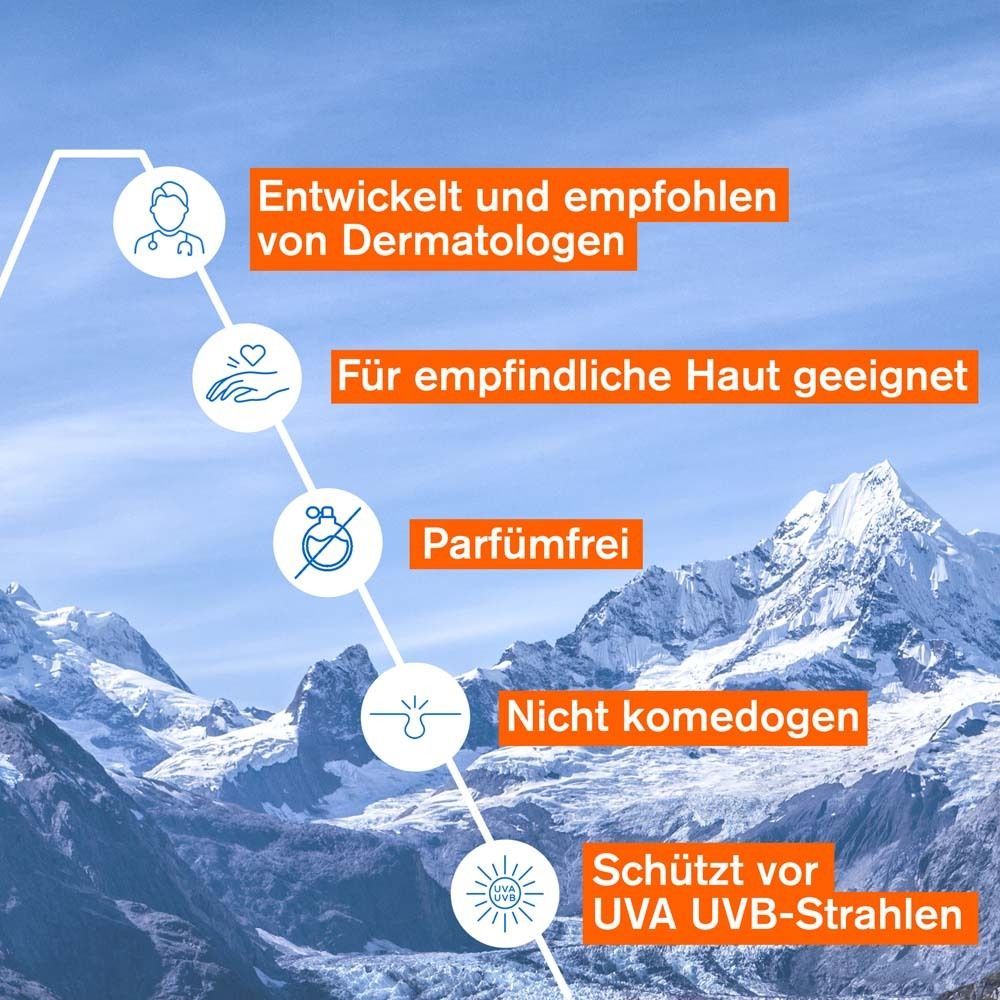 Infographie avec texte: Technologie Mela, Vitamine C, Protection UV SPF50+, Eau Thermale Uriage.