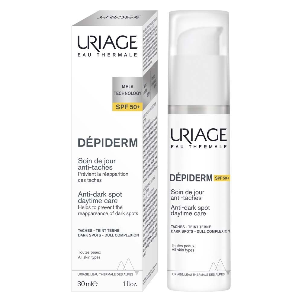 Trois produits: Mousse nettoyante, Booster éclaircissant, Soin de jour. URIAGE DÉPIDERM.