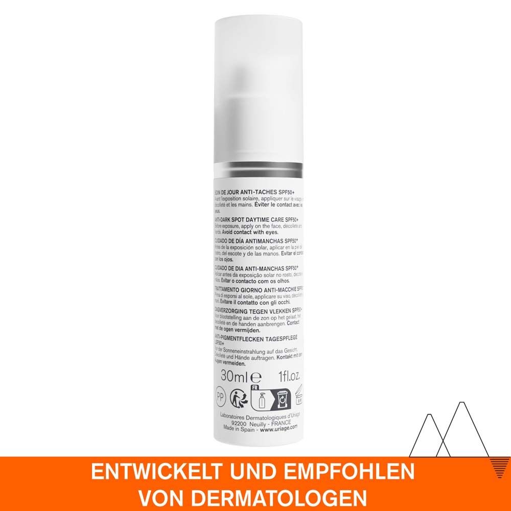 Flacon et emballage URIAGE DÉPIDERM. Texte: Soin de jour anti-taches SPF50+.