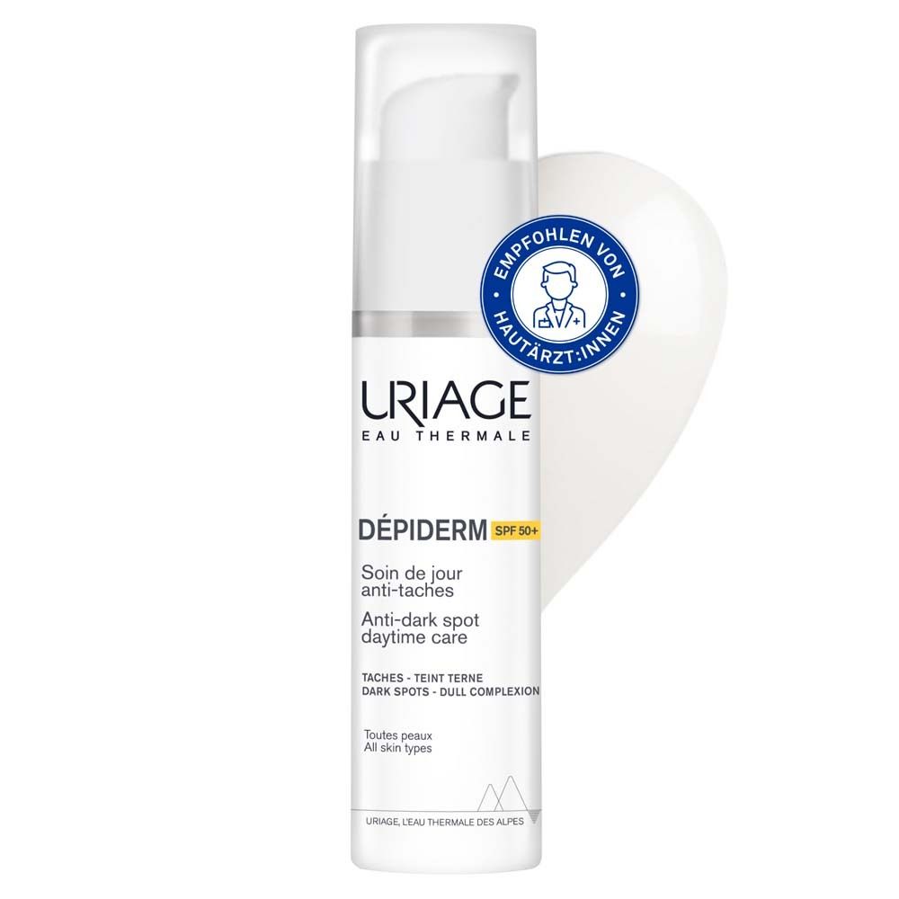 Flacon URIAGE DÉPIDERM avec texte: Soin de jour anti-taches SPF50+. Recommandé par les dermatologues.