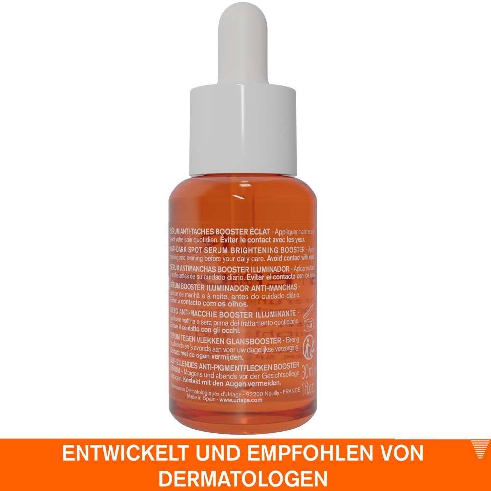 Dos du flacon de sérum. Texte: Booster anti-taches. Développé et recommandé par les dermatologues.