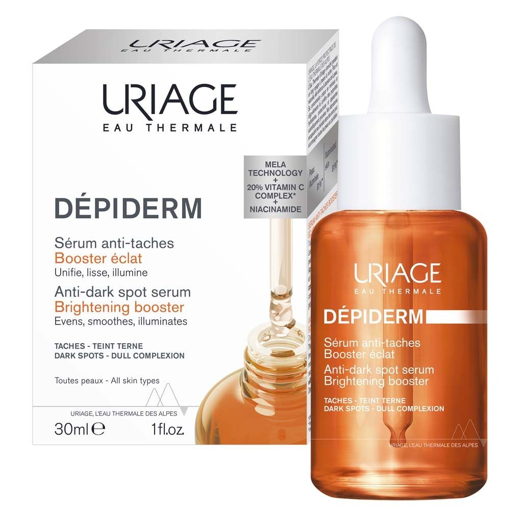 Emballage du produit et flacon de sérum. URIAGE DÉPIDERM. Booster anti-taches. 30ml.