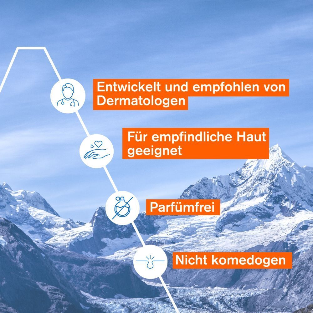 Entwickelt von Dermatologen. Für empfindliche Haut geeignet. Parfümfrei. Nicht komedogen. Berglandschaft im Hintergrund.