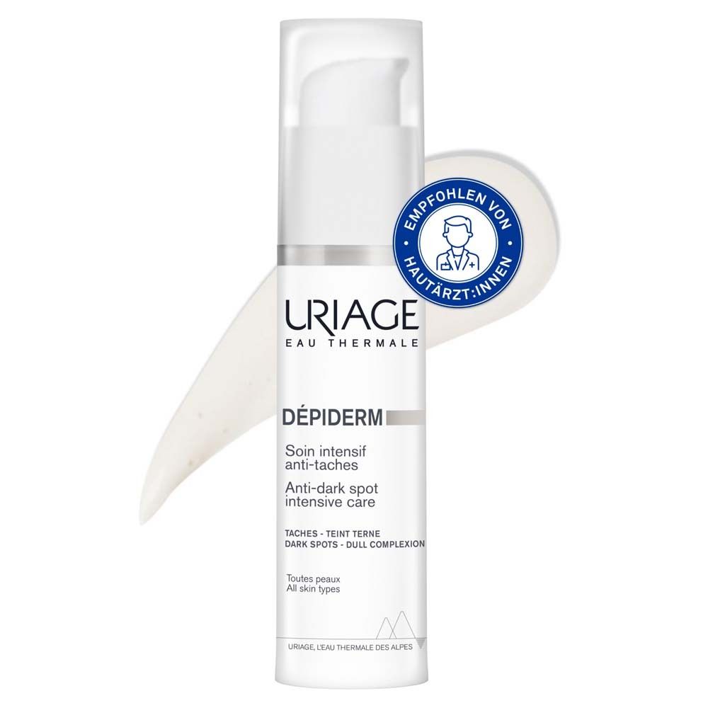 Weißer Spender mit Produkt und Aufdruck. Empfohlen von Hautärzten. Marke URIAGE, Produkt DÉPIDERM.