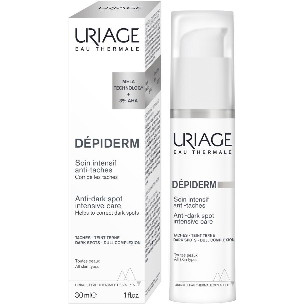 URIAGE DÉPIDERM Anti-Pigmentflecken Intensivpflege. Produkt und Verpackung. 30ml. 1 fl.oz. Mit Mela-Technologie.