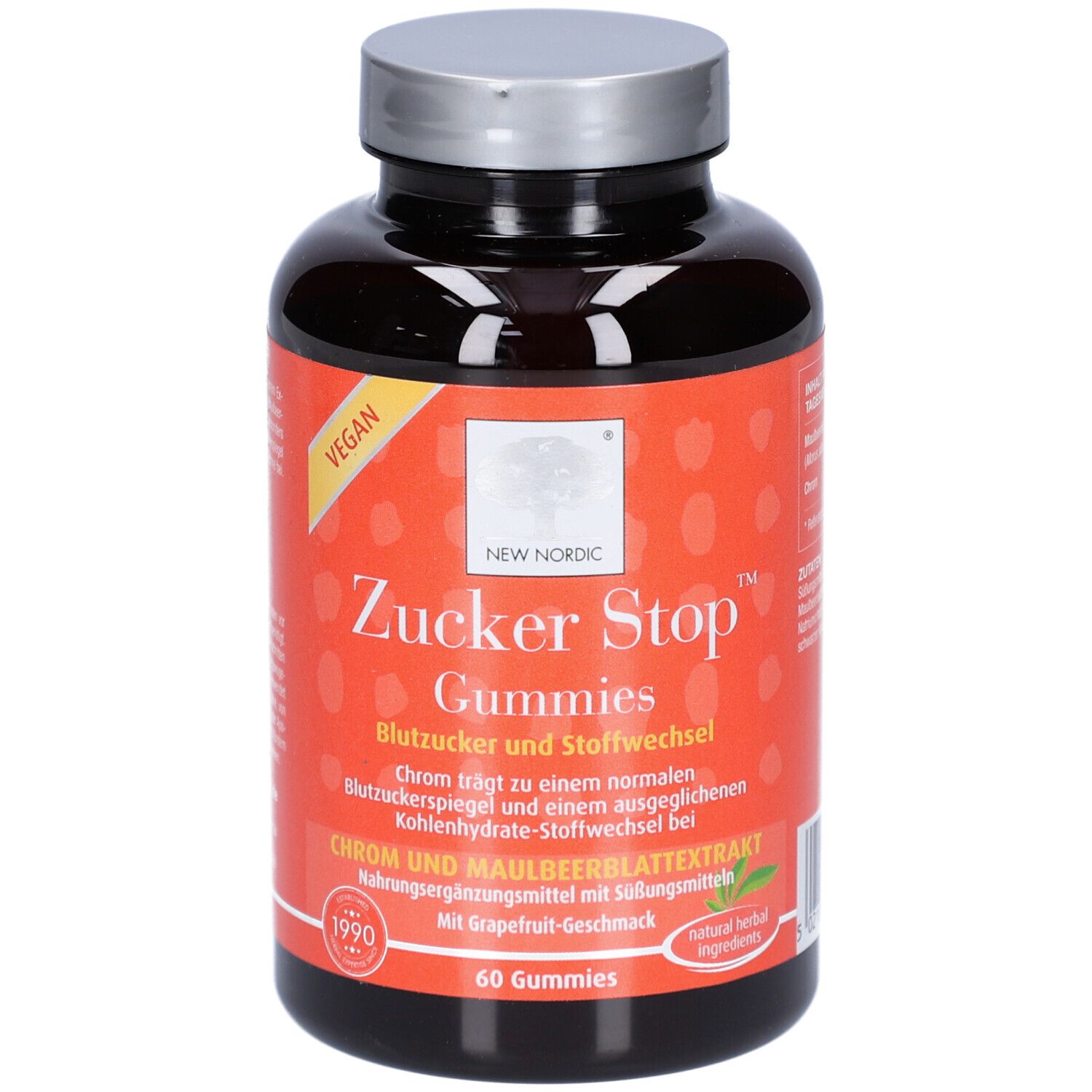 Flacon en plastique brun avec couvercle argenté. Étiquette avec nom du produit ZUCKER Stop Gummies, fond rouge et texte blanc. Sceau végétalien.