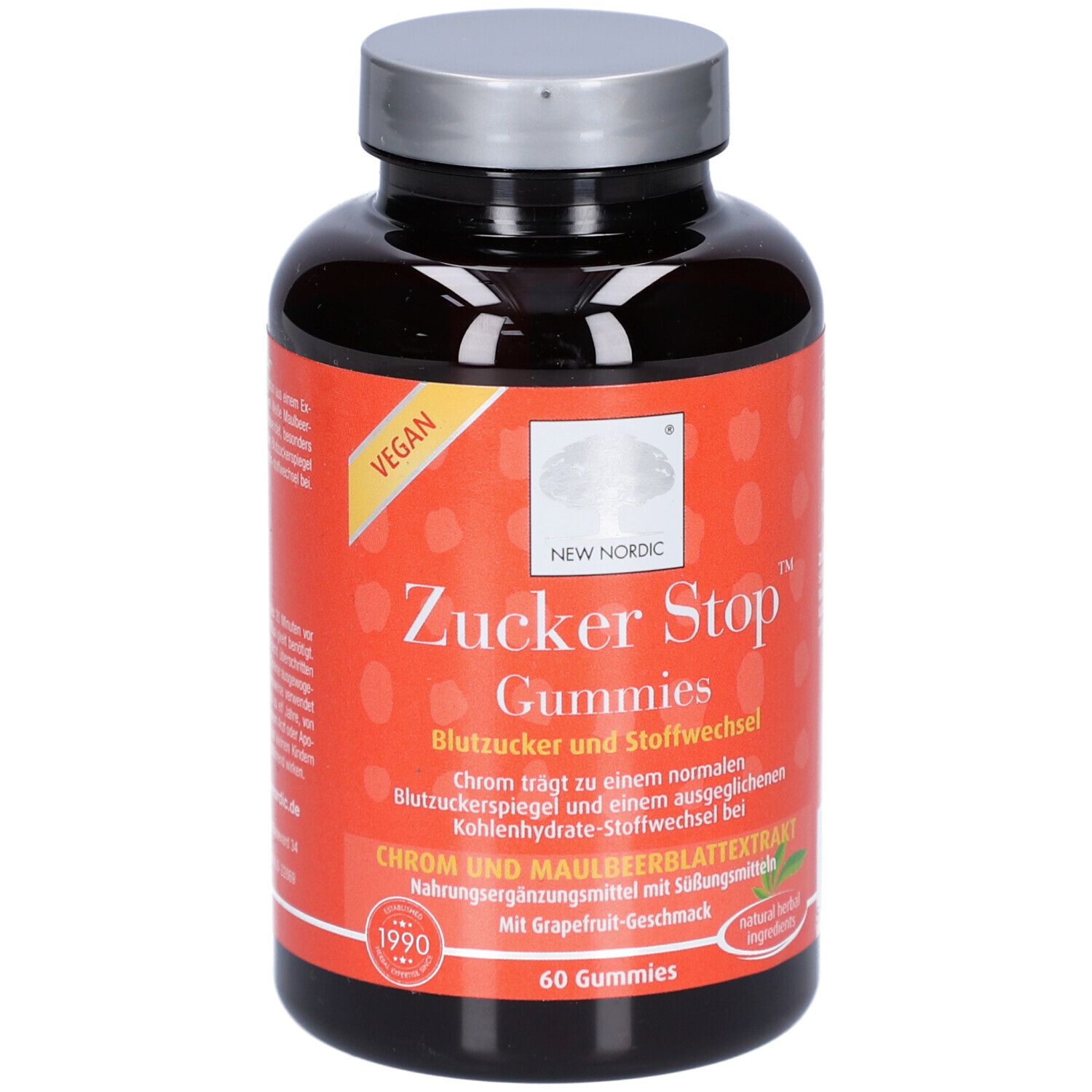 Flacon en plastique brun avec couvercle argenté. Étiquette avec nom du produit ZUCKER Stop Gummies, fond rouge et texte blanc. Sceau végétalien.