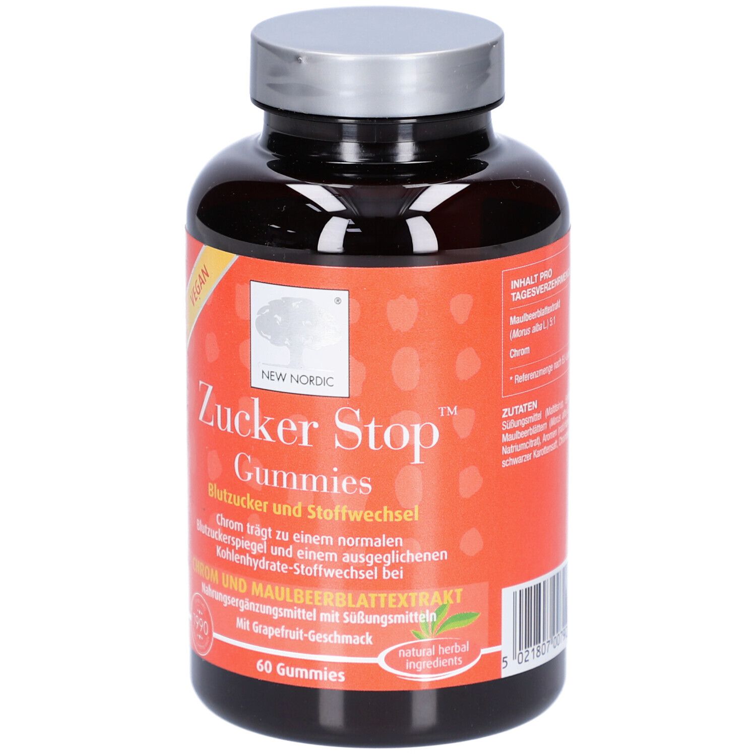 Flacon en plastique brun avec couvercle argenté. Étiquette avec nom du produit ZUCKER Stop Gummies, fond rouge et texte blanc. Sceau végétalien.