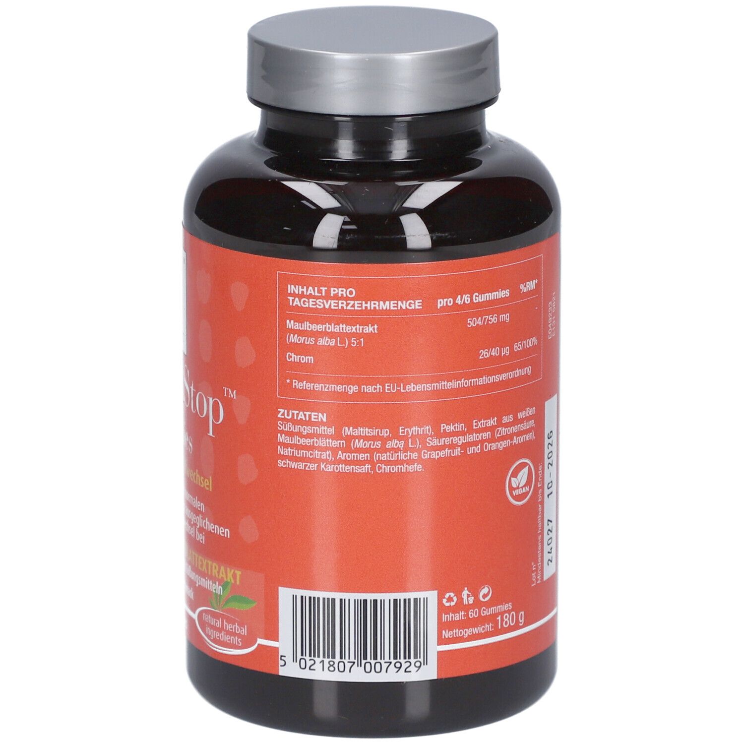 Dos d'une bouteille en plastique marron avec couvercle argenté. Autocollant rouge avec informations sur le produit, numéro de lot et sceau végétalien. Texte en allemand.