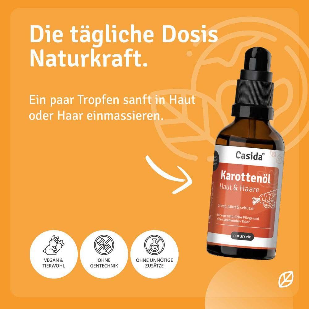 Braune Flasche mit schwarzem Pumpkopf. Produktname und Karottenabbildung. Logos: Vegan, ohne Gentechnik, ohne Zusätze.