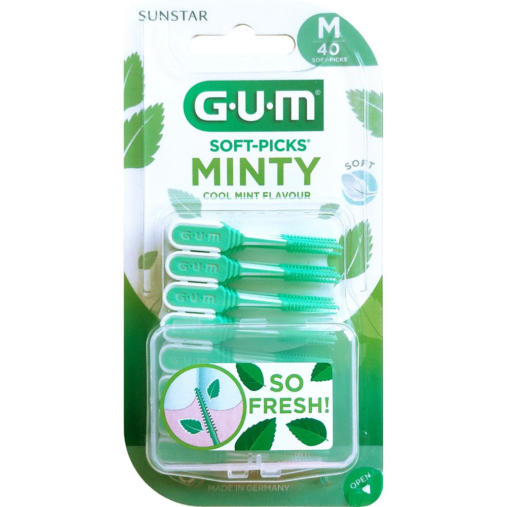 GUM Soft-Picks Minty. Packung mit 40 Interdentalbürsten. Grüne Bürsten in einer transparenten Box. Verpackung mit Produktnamen und Logo.