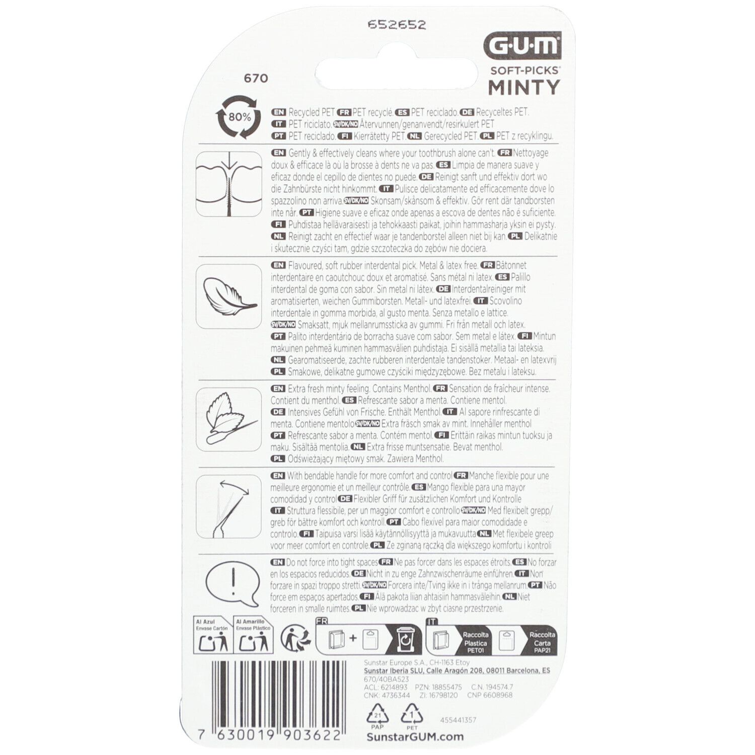 Verpackung von GUM Soft-Picks Minty. Enthält Produktinformationen und Logos. Rückseite mit Produktmerkmalen und Recycling-Symbolen.