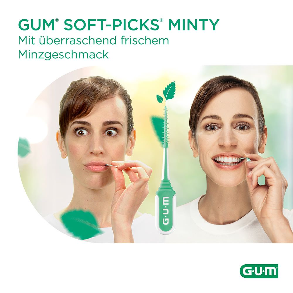Zwei Frauen zeigen die Anwendung von GUM Soft-Picks Minty. Eine Frau zieht ein Gesicht, die andere lächelt, während sie das Produkt benutzt.