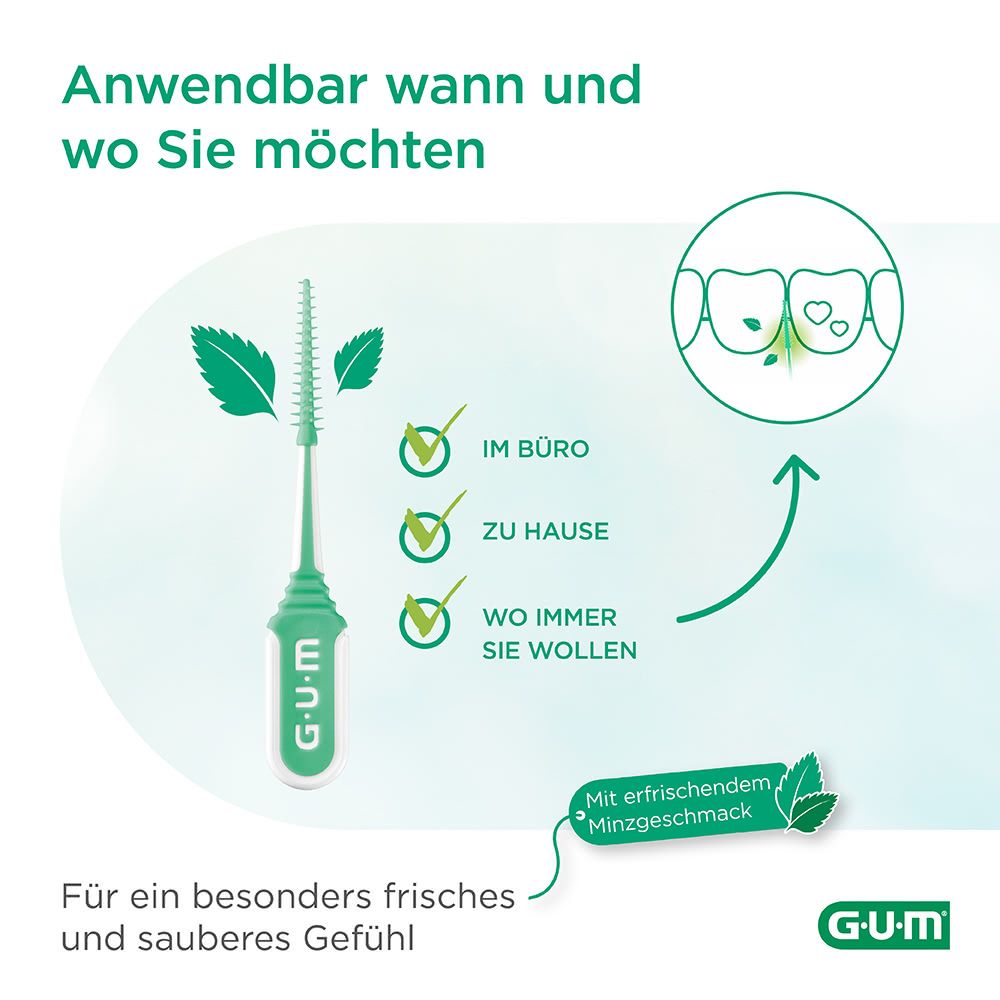 GUM Soft-Picks Minty. Illustrationen zeigen die Anwendung: im Büro, zu Hause, wo immer Sie wollen. Mit erfrischendem Minzgeschmack.