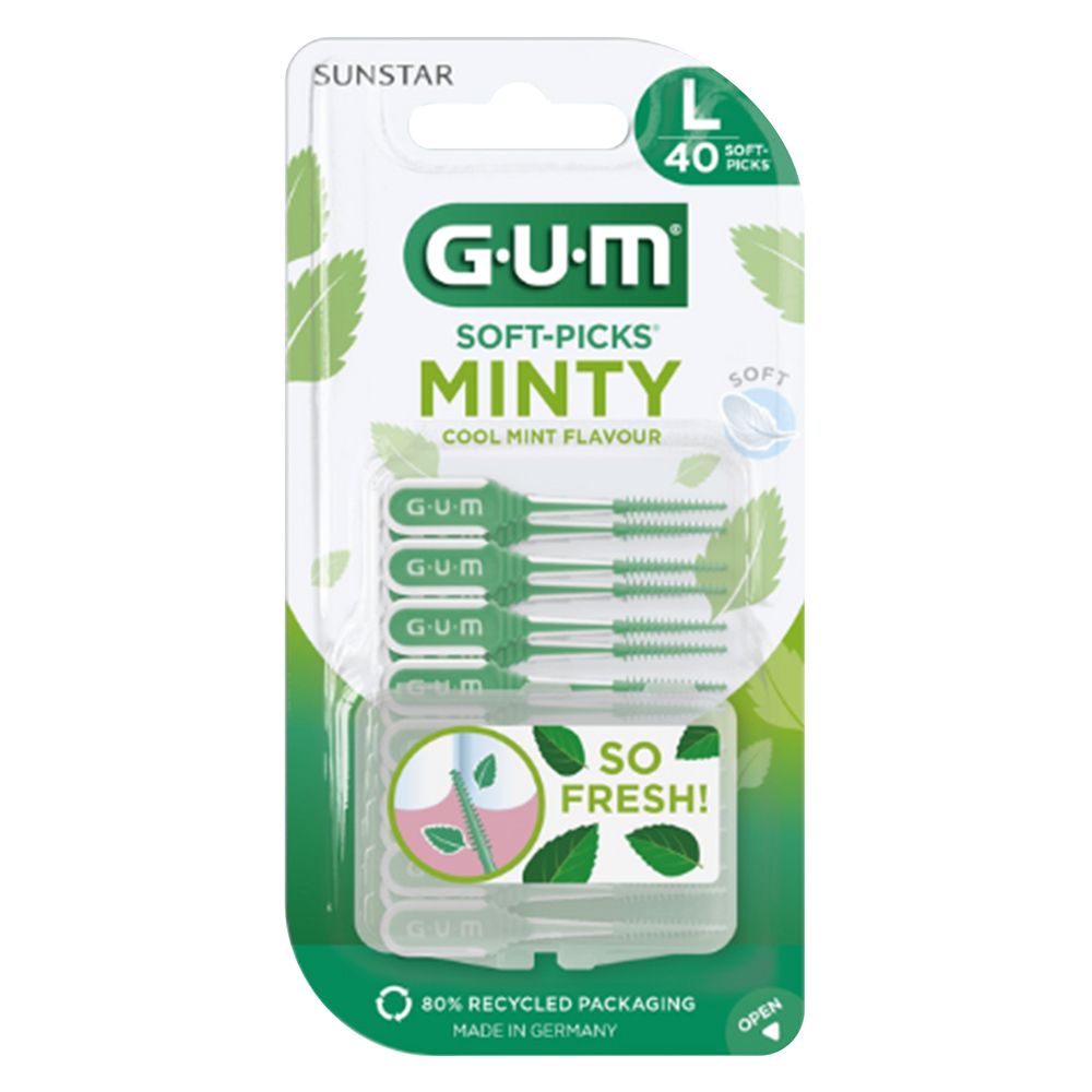 G.U.M Soft-Picks Minty, Packung mit 40 Stück. Grüne Zahnpflege-Sticks in Blisterverpackung. Enthält Minz-Geschmack. L-Größe.