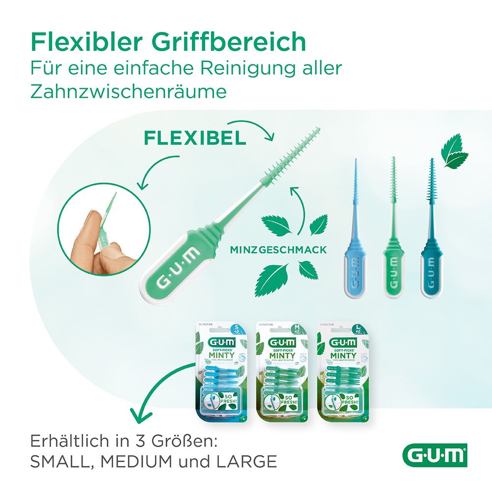 G.U.M Soft-Picks Minty, flexible Griffbereich. Drei Größen: Small, Medium, Large. Produktabbildungen und Illustrationen.