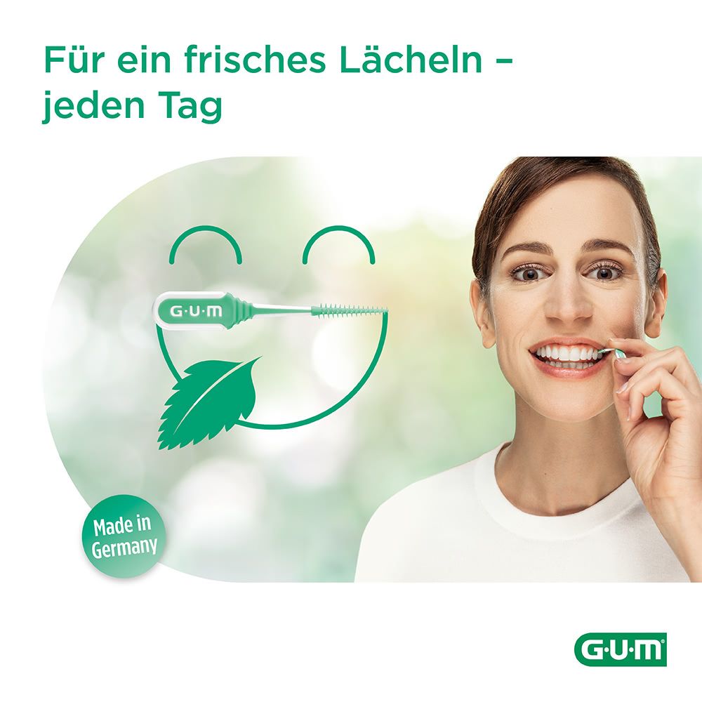 Frau lächelt, benutzt G.U.M Soft-Picks Minty. Illustration von Zähnen und Minzblatt. Text: Für ein frisches Lächeln - jeden Tag.