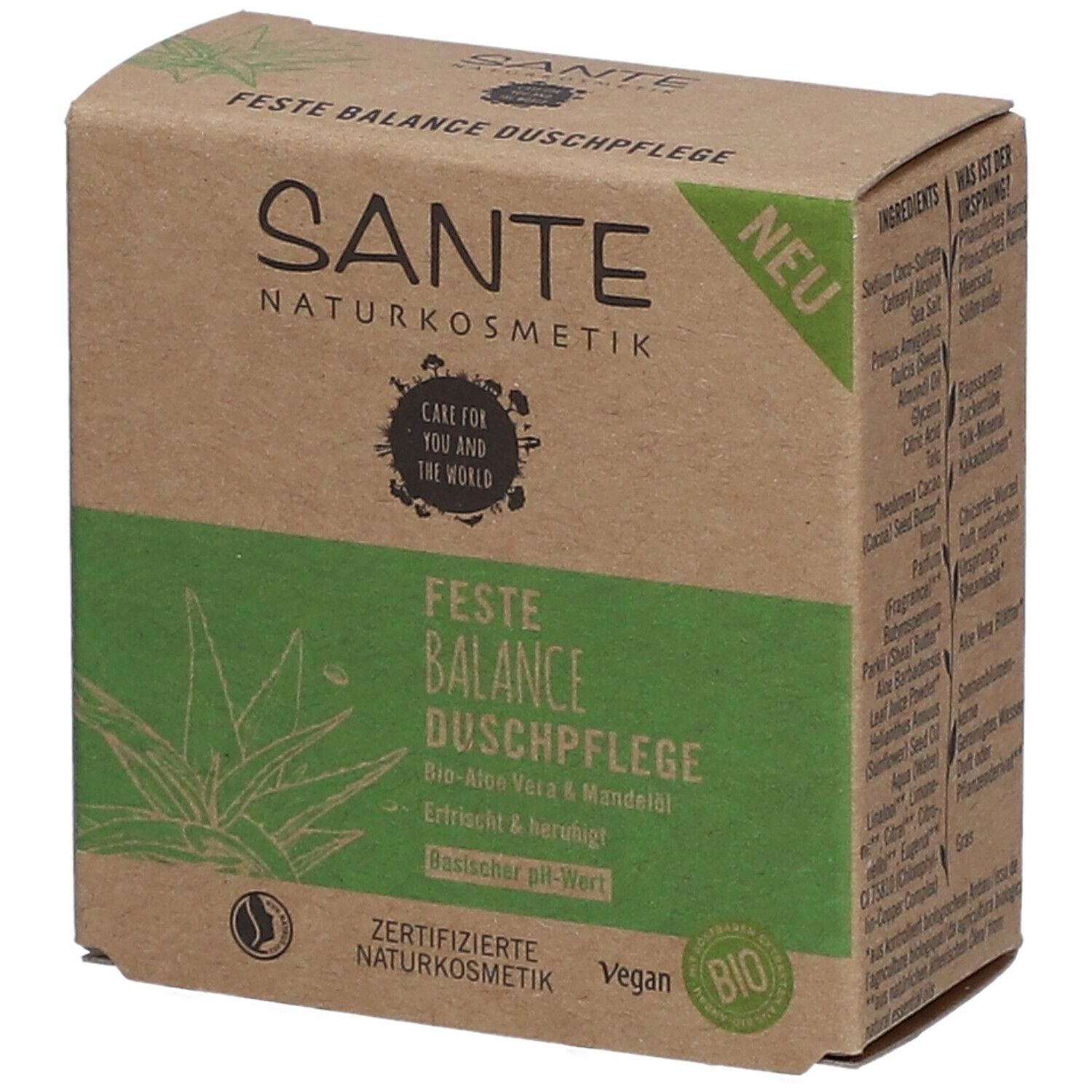 Emballage en carton avec informations produit. Vert et marron. Texte: SANTE, Feste Balance Duschpflege, Bio Aloe Vera & Mandelöl.