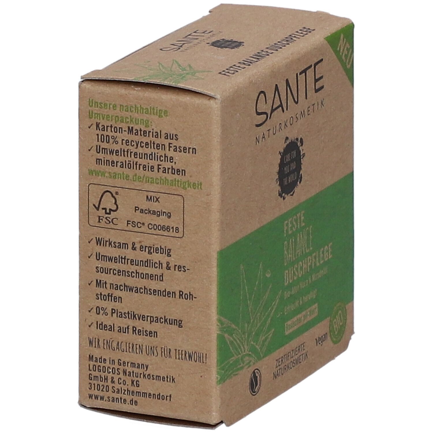 Emballage en carton, marron avec accents verts. Texte: SANTE, Feste Balance Duschpflege. Mentions: FSC, Vegan, Bio. Texte au dos.
