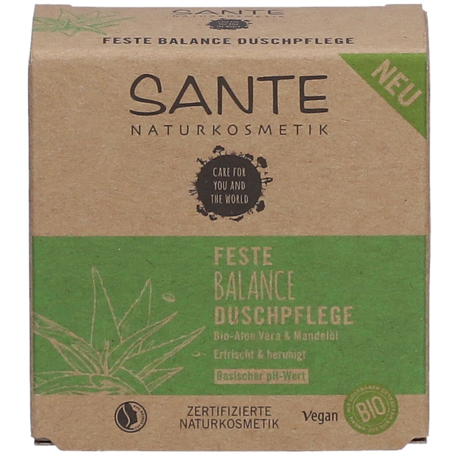 Emballage en carton avec informations produit. Vert et marron. Texte: SANTE, Feste Balance Duschpflege, Bio Aloe Vera & Mandelöl.