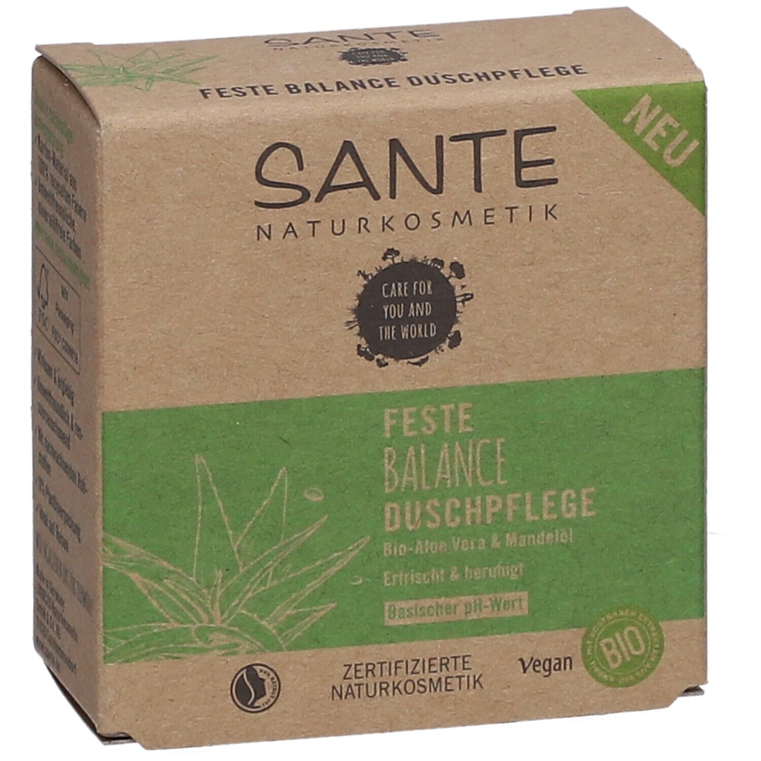 Emballage en carton avec informations produit. Vert et marron. Texte: SANTE, Feste Balance Duschpflege, Bio Aloe Vera & Mandelöl.