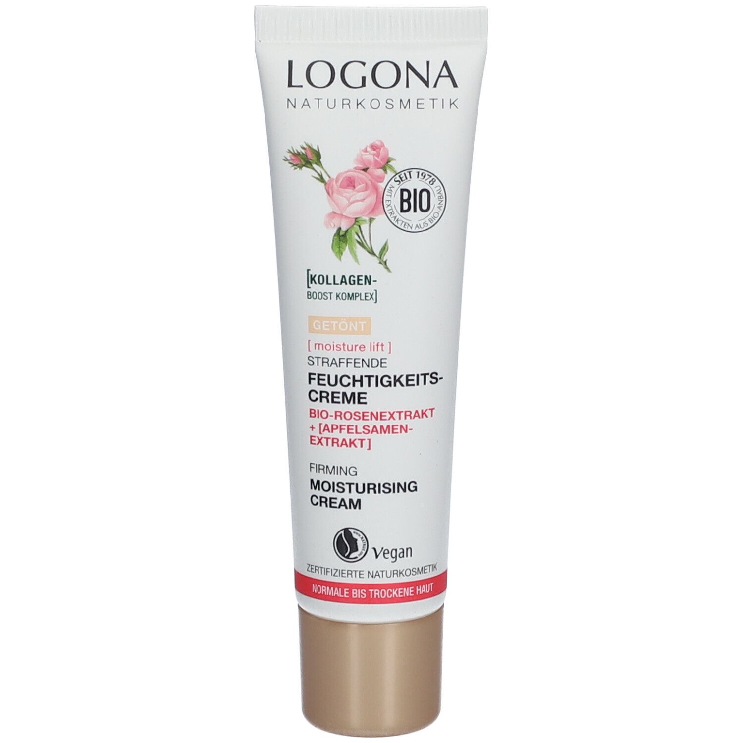 Creme-Tube mit Aufschrift LOGONA, Rosen-Illustration und Text. Enthält Bio-Rosenextrakt. Vegan. Für normale bis trockene Haut.