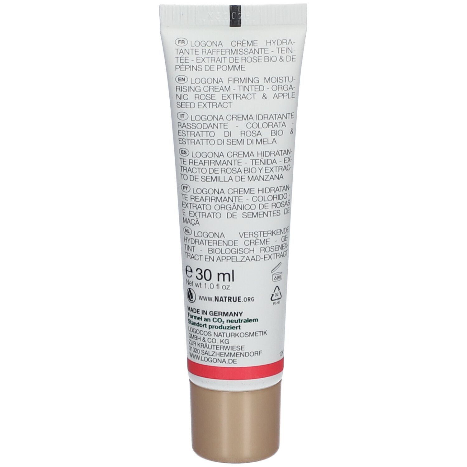 Rückseite der Creme-Tube mit Text in mehreren Sprachen. Enthält Informationen zu Inhaltsstoffen und Hersteller. 30 ml.