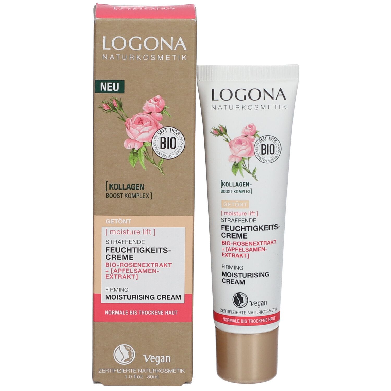 Produktverpackung mit Creme-Tube. Aufschrift LOGONA, Rosen-Illustration, Text. Enthält Bio-Rosenextrakt. Vegan. 30 ml.